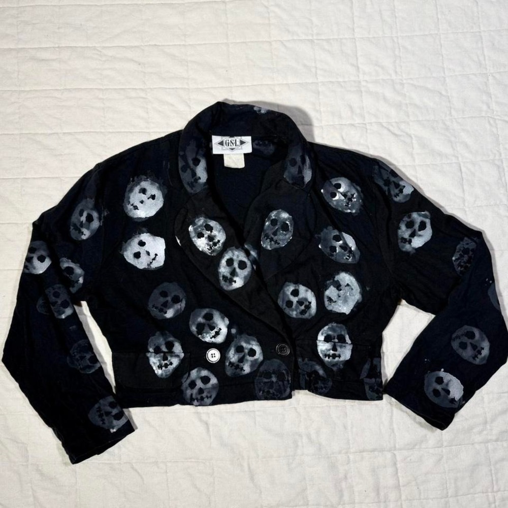 DIY Hand-Painted Skull Crop Blazer – Vintage GSL Jacket (Size L)